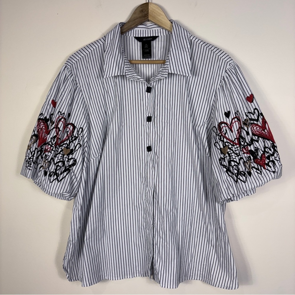 Ali Miles Black White Embroidered Button Down Blouse Top Puff Sleeves Boho Artsy